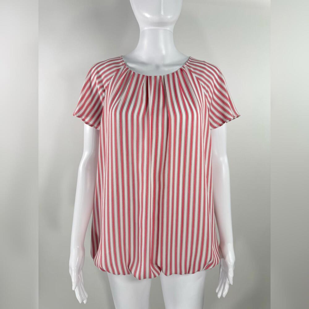 Liz Claiborne Career Women’s Size Medium White Pink Stripe Bubble Hem Blouse